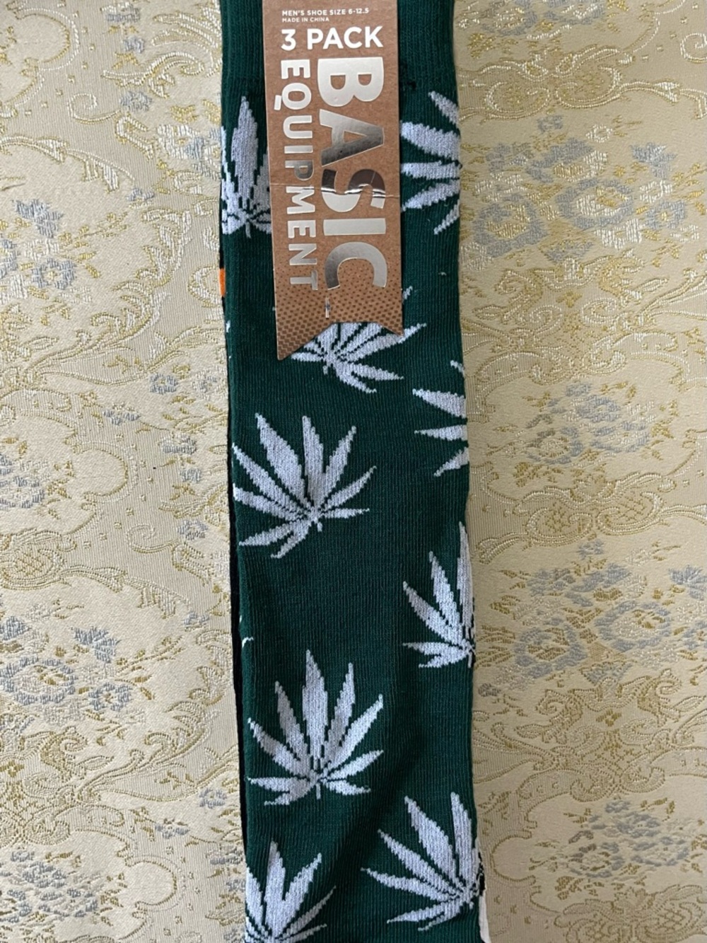Equipment Dark Green Crew Socks with White Leaf Pattern